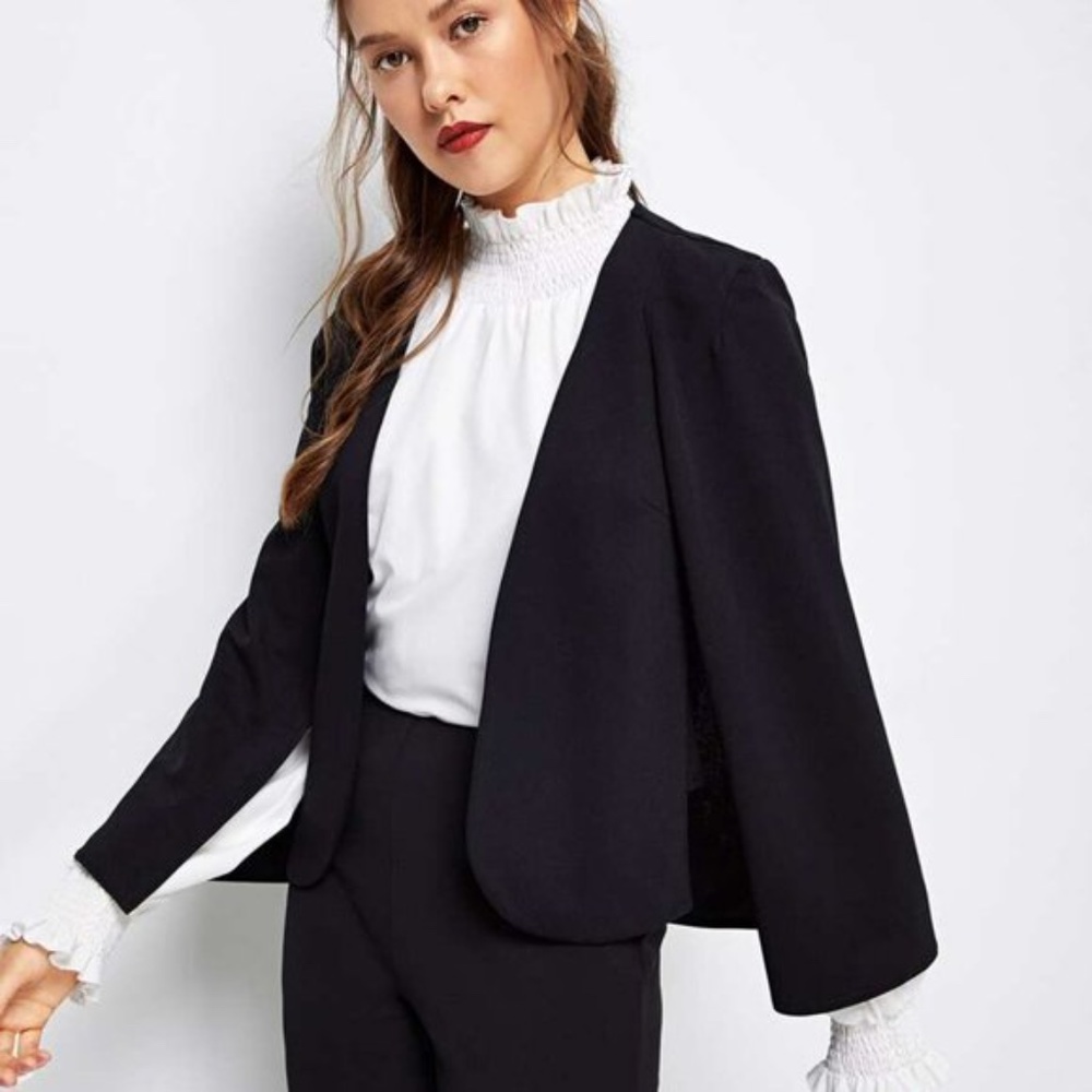 032 Black blazer cape open sleeve jacket work office - Picture 5 of 6